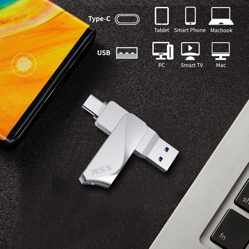 SSK 128GB USB C Flash Drive Dual Drive 2 in 1 OTG USB A 3.2 Gen 1+ Type C Memory Stick Thumb Drive, Thunderbolt Pendrive up to 200MB/s Transfer Speed Photo Stick for Android Phones/Tablets/Mac/Laptop - Image 3